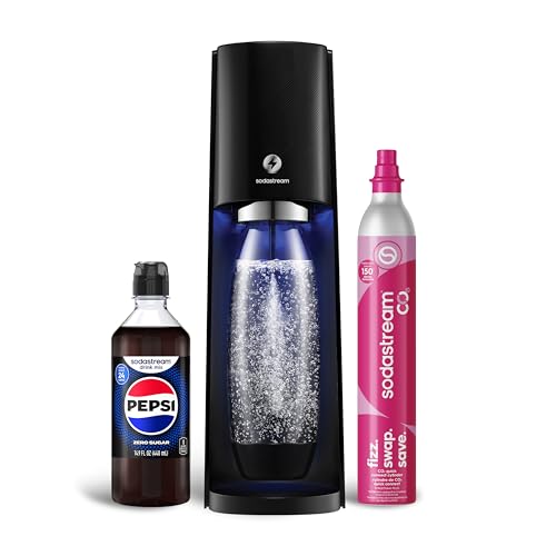 SodaStream - E-TERRA Soda Maker | STARTER KIT | 3 Automatic Carbonation Levels | Includes 1x CO2 Cylinder, 1x 32 Fl Oz Dishwasher Safe Bottle, 1x Pepsi Zero Sugar Mix, 1x Power Adapter | Black