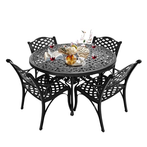 PATIO-IN 5 Pieces Cast Aluminium Patio Dining Set for 4-6 Person,Round 48" Patio Table and Chairs Set of 4 with 2.3" Umbrella Hole,Outdoor Patio Furniture Dining Set for Porch Backyard Deck, Black