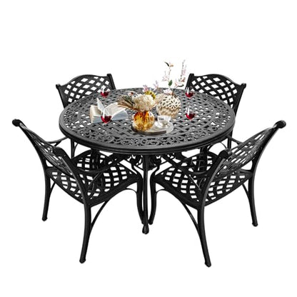 PATIO-IN 5 Pieces Cast Aluminium Patio Dining Set for 4-6 Person,Round 48" Patio Table and Chairs Set of 4 with 2.3" Umbrella Hole,Outdoor Patio Furniture Dining Set for Porch Backyard Deck, Black