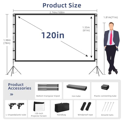 120 Inch Projector Screen with Stand, 16:9 4K HD Portable Projector Screen, Indoor Outdoor Front/Rear with Carry Bag for Home Theater Backyard Camping Movie Night