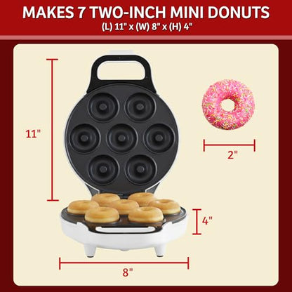 Mini Donut Maker, Durable, Nonstick Easy to Use Mini Baking Machine - Cooks 7 Mini Doughnuts at a Time - Glazed, Frosted with Sprinkles, Nuts, or Vegan Donuts, & More (White)
