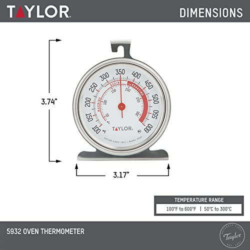 Taylor 5932 Large Dial Kitchen Cooking Oven Thermometer, Kitchen Food Grill Thermometer, 3.25 Inch Dial, Stainless Steel, Silver