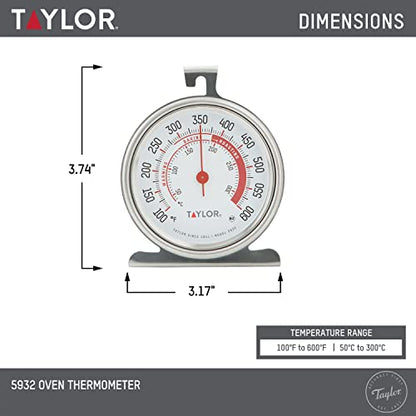 Taylor 5932 Large Dial Kitchen Cooking Oven Thermometer, Kitchen Food Grill Thermometer, 3.25 Inch Dial, Stainless Steel, Silver