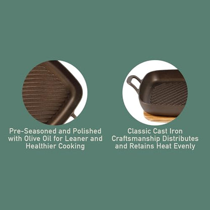 Bloomhouse - Two Time Oprah's Favorite Things Winner - Natural Bronze Finish 12" Square Cast Iron Grill Pan – Olive Oil Treated Surface w/Dual Handles & Olive Wood Trivet, Oven Grill Campfire Safe