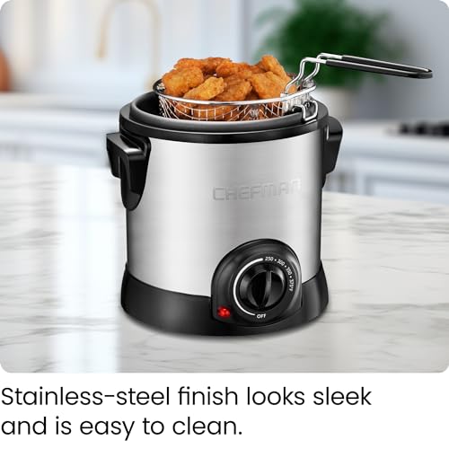 Chefman Fry Guy Deep Fryer with Removable Basket, Easy-to-Clean Non-Stick Coating and Cool-to-Touch Exterior, Adjustable Temperature Control, 4.2 Cup/ 1 Liter Capacity, Stainless Steel