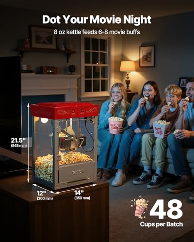 VEVOR Popcorn Machine, 8oz Stainless Steel Kettle, 800W Commercial Countertop Popcorn Maker, 48 Cups per Batch Theater Style Popper, with 2-Button Control Glass Wall PC Door 1 Scoop 3 Spoons, Red