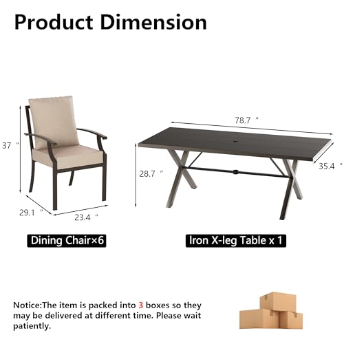 Kullavik 7 Pieces Outdoor Dining Set,Patio Dining Table and Chairs Set for 6,Fence Pattern Back Chairs with Thickened Cushions & Rectangular Metal Dining Table with Umbrella Hole for Patio,Sand