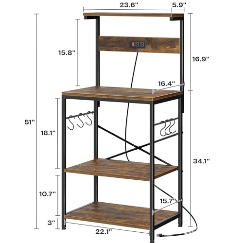 SUPERJARE Kitchen Bakers Rack with Power Outlet, Coffee Bar Table 4 Tiers, Kitchen Microwave Stand with 6 S-shaped Hooks, Storage Shelf Rack for Spices, Pots and Pans - Rustic Brown