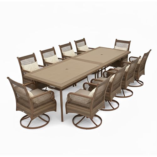 PURPLE LEAF Outdoor Dining Set for 10 All Weather Wicker Patio Dining Set with Hand-Woven Rattan Swivel Dining Chais and Rectangular Aluminum Table for Garden Deck Backyard Kitchen