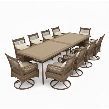 PURPLE LEAF Outdoor Dining Set for 10 All Weather Wicker Patio Dining Set with Hand-Woven Rattan Swivel Dining Chais and Rectangular Aluminum Table for Garden Deck Backyard Kitchen