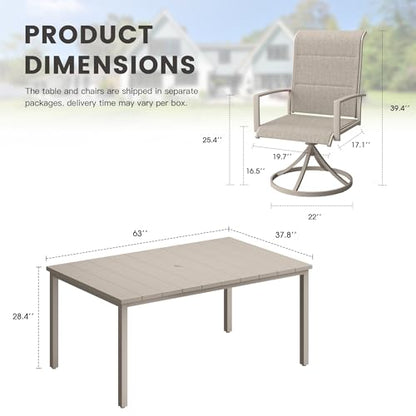 ARKOST Outdoor Dining Set for 6, 63" Outdoor Dining Table with Umbrella Hole and Padded Textilene Patio Swivel Chairs, 7 Pieces Patio Table and Chairs Set for Garden Backyard, Sandshell