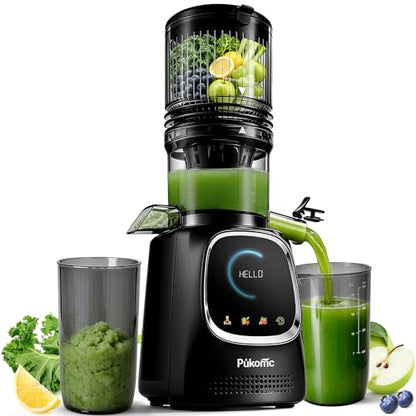 Pukomc Cold Press Juicer with Smart Display and Brushless Motor, 5.3'' Wide Mouth Feed Chute, 300W High Power Slow Masticating Juicer, Whole Vegetables & Fruits Juicing, Easy to Use and Clean