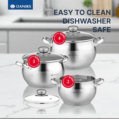 Daniks Classic 6-Piece Stainless Steel Cookware Set with Glass Lids, Tri-Ply Bases for Even Heating, Induction Compatible, Dishwasher Safe
