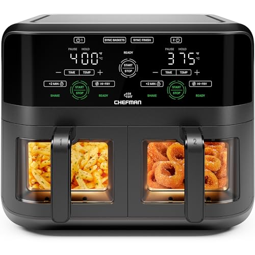 CHEFMAN 6 Quart Dual Basket Air Fryer Oven with Easy View Windows, Sync Finish, Hi-Fry, Auto Shutoff, 2 Independent 3Qt Nonstick Dishwasher Safe Frying Baskets, Digital Double Air Fryer - Black