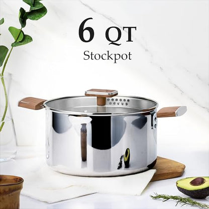 CAROTE 6QT Stainless Steel Stock Pot with Glass Lid, Large Soup Pot with Wood-Grain Handles, Deep Pot for Soup, Pasta & Stew