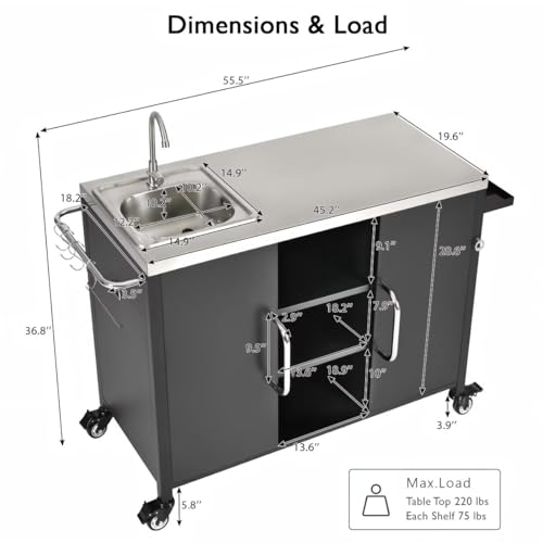JIJIWANG 55.5" Black Kitchen Island with Sink, Metal Grill Cart Table with 304 Stainless Steel Sink, Outdoor Patio Bar Cart Sink Station with 4 Lockable Wheels for Pizza Prep L 55.5" x W 20" H 36.7"