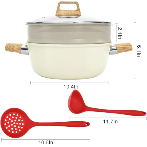 WUWEOT 4 Qt Ceramic Stock Pot, Nonstick Soup Pot, Non-toxic Healthy Cooking Cookware, Multipurpose Dutch Oven with Steamer Basket and Wooden Handle, Universal Base (Gas, Electric & Induction)