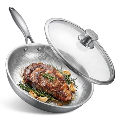 Pexucalm Titanium Frying Pan with Lid, 12" Uncoated Hammered Skillet for Cooking, PFAS/PFOA/PTFE Free Nonstick Cookware, Scratch Resistant, for Induction & Gas, Oven, Dishwasher Safe