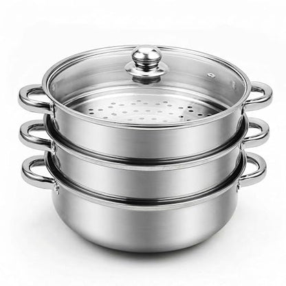 AuFranc® 5 Quart Steamer for Cooking - Stainless Steel Steam Pot with Steamer Basket, Multipurpose Cooking Stock Pot with Tempered Glass Lid, Non-Toxic Cookware for Slow Cooking and Steaming (Silver)