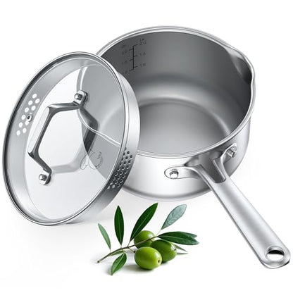 PekGema Stainless Steel Saucepan 2.5 Quart with Glass Strainer Lid, Tri-Ply Construction, Dual Pour Spouts, Measurement Marks, Stay-Cool Handle, Dishwasher & Oven Safe, All Cooktops Compatible