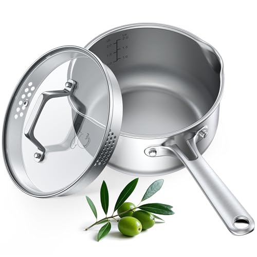 PekGema Stainless Steel Saucepan 2.5 Quart with Glass Strainer Lid, Tri-Ply Construction, Dual Pour Spouts, Measurement Marks, Stay-Cool Handle, Dishwasher & Oven Safe, All Cooktops Compatible