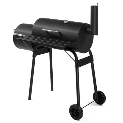 VINGLI Barrel Charcoal Grill with Offset Smoker, Large BBQ Outdoor Smoker Grill with Wheels for Party Garden Patio and Backyard Cooking 44 x 22 x 37 inch