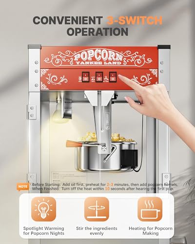 ELOMBR 16 Oz Commercial Popcorn Machine, 1440 W, Movie Theater Popcorn Machine, Red Tabletop Pop Corn Machine with 3-Switch Control & Steel Frame Tempered Glass Doors