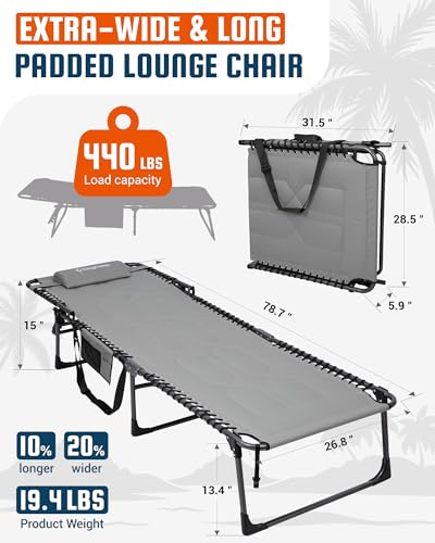 KingCamp Oversized Padded Lounge Chair 440lbs Tanning Chair, Grey