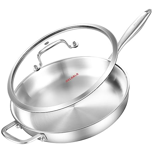 DELARLO Tri-Ply Stainless Steel Pan with Lid 12inch丨Compatible with All Cooktops Up to 600℉丨Stainless Steel Skillet 12 inch丨Heavy Duty丨Frying Pan with Lid丨18/10 Large Cooking Surface