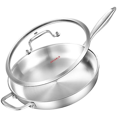 DELARLO Tri-Ply Stainless Steel Pan with Lid 12inch丨Compatible with All Cooktops Up to 600℉丨Stainless Steel Skillet 12 inch丨Heavy Duty丨Frying Pan with Lid丨18/10 Large Cooking Surface