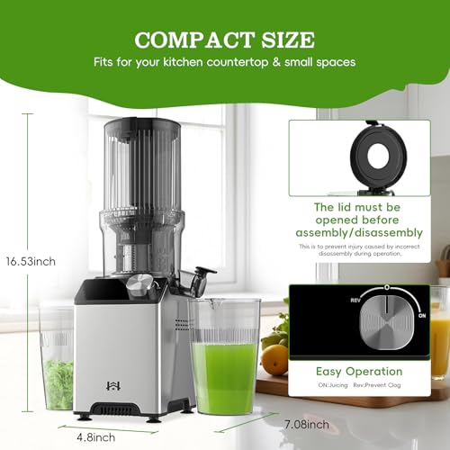 WHUTO Cold Press Juicer, Wide Feed Chute Juicer Machines, Stainless Steel Slow Masticating Juicers Easy to Clean, Vegetables & Fruits Juice Extractor, High Juice Yield, Black Auger