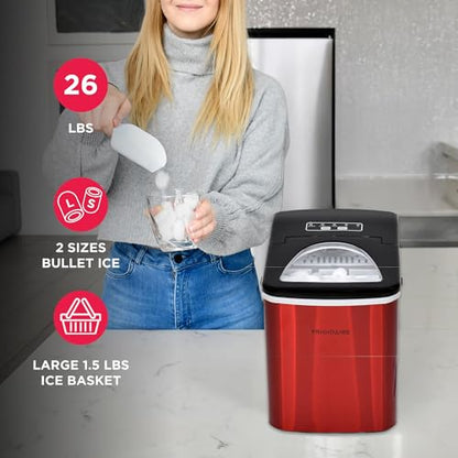 Frigidaire 26 Lbs per Day Portable Compact Maker, Ice Making Machine, Red Stainless, Medium