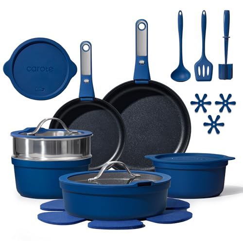 CAROTE 22pcs Pots and Pans Set Non Stick, Nonstick Cookware Set, Dishwasher/Oven/Fridge Safe Pots and Pans, Removable Handle RV Oven Safe Cookware, Induction Kitchen Set, Blue