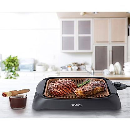 Courant smokeless indoor Electric grill, Copper Non-stick Coating Extra Large and Adjustable Temperature Control, Grill BBQ, Table Top Indoor Grill
