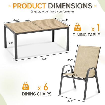 PIZZELLO 7-Piece Outdoor Dining Set Patio Dining Set for 6 Outdoor Table and Chairs All Weather Outdoor Patio Set w/Stackable Patio Chairs and HDPE Table for Backyard, Garden and Poolside, Khaki