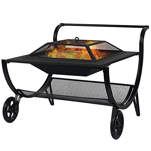 Sundale Outdoor Fire Pits Outdoor Wood Burning with Wheels, 27 Inch Steel Square Firepit BBQ Grill, Grate, Spark Screen, Fire Poker, Portable Fire Pit for Outside Patio Backyard