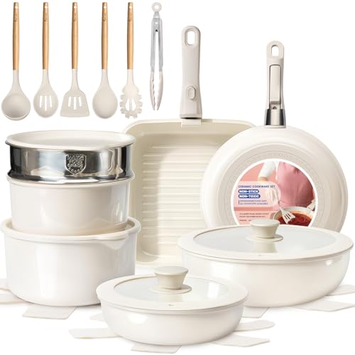 KIKCOIN Nonstick Pots and Pans Set - Ceramic Cookware Set with Detachable Handle - 25 Pack Healthy Pans Set for Cooking - Stackable for RV Kitchen, Induction Ready - Dishwasher and Oven Safe