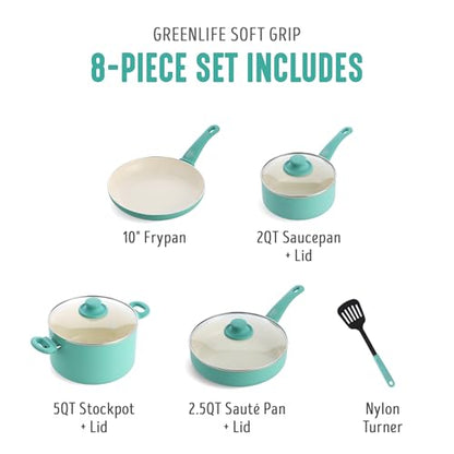 GreenLife 8 Piece Nonstick Cookware Set, Non-Toxic PFAS-Free Ceramic Pots & Pans, Dishwasher & Oven Safe, Frying, Sauce, Stock Pot, Glass Lids, Stay-Cool Handles, Wobble Free, Turquoise