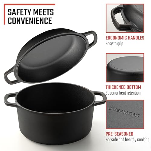 Overmont 2-in-1 Cast Iron Dutch Oven - 7QT Pre-Seasoned All-in-One Casserole Braising Pan with Skillet Lid Cookbook & Silicone Handle Covers - Heavy Duty Oven-Safe Pot for Sourdough Baking Frying Camping