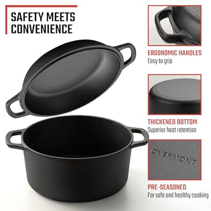 Overmont 2-in-1 Cast Iron Dutch Oven - 7QT Pre-Seasoned All-in-One Casserole Braising Pan with Skillet Lid Cookbook & Silicone Handle Covers - Heavy Duty Oven-Safe Pot for Sourdough Baking Frying Camping