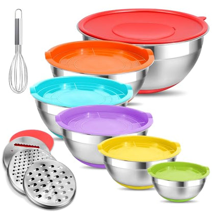 Eallpha Mixing Bowls with Lids Set,10pcs Stainless Steel Mixing Bowls with Graters and Egg Whisk &Non-Slip Bottoms Food Prep Nesting Bowls for Baking, Cooking, Meal Storage(1.2QT-5.5QT)
