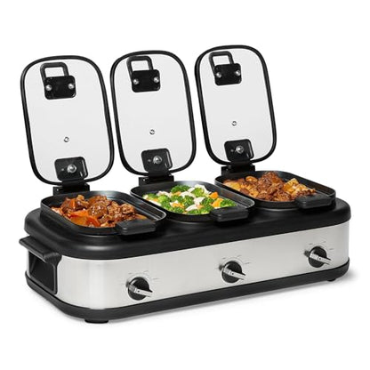 Amazon Basics Triple Slow Cooker with Ceramic Non-Stick Coating and Temperature Controls, 3 x 2.5 Quarts, Stainless Steel