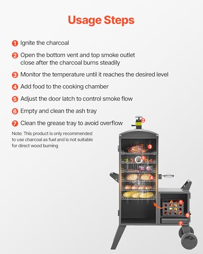VEVOR Charcoal Offset Smoker, Heavy-Duty Steel BBQ Offset Smoker with Side Firebox, Movable Outdoor Barbecue Smokers with 6 Adjustable Grates, Thermometer & Air Vents for Backyard Patio Party Cooking