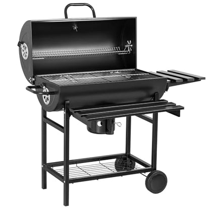 Flamaker Charcoal Grill Barrel style BBQ Charcoal Grill with Three Item Racks Thermometer Double-Layer Chrome-Plated Iron Baking Pan Ash Catcher for Camping Outdoor BBQ