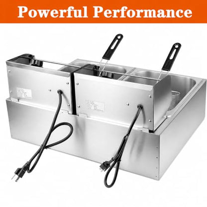 CooFel 20QT Electric Deep Fryer with Dual Baskets & Lids, 5000W Commercial Countertop Stainless Steel Double Tank Fryer with Temperature Control, for Restaurant & Home Use