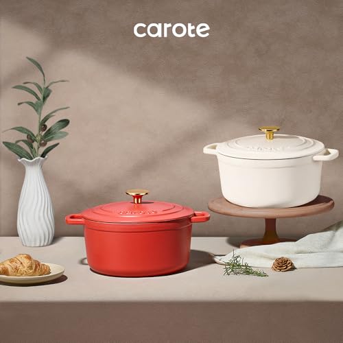 CAROTE Enameled Cast Iron Dutch Oven Pot with Lid, 4 QT Dutch Ovens, Heavy-Duty Cast Iron Pot for Sourdough Bread Baking, Braising, Stews, Roasting, Healthy & Non-Toxic, Dual Handles, All Stovetop Compatible, Oven Safe up to 500° F, Cream White