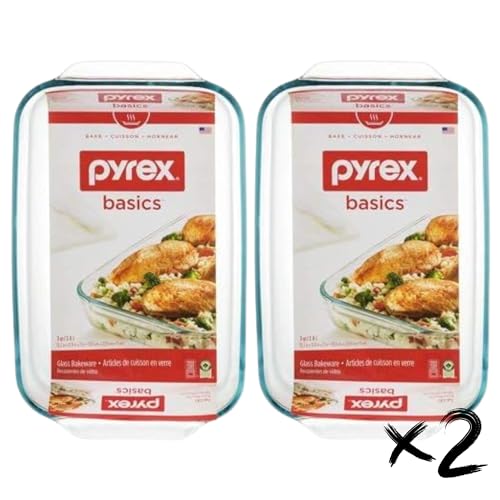 Pyrex Basics 3 Quart Oblong Glass Baking Dish, Clear 9 x 13 inch - Set of 2 - Original Genuine Pyrex - Made in the USA