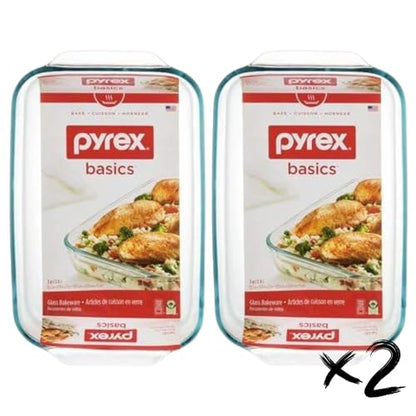 Pyrex Basics 3 Quart Oblong Glass Baking Dish, Clear 9 x 13 inch - Set of 2 - Original Genuine Pyrex - Made in the USA