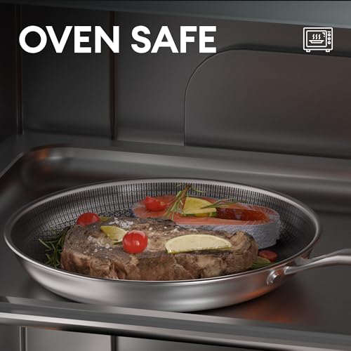 COOKER KING 10-Inch Stainless Steel Pan, Hybrid Nonstick Frying Pan, Skillet, 3-Ply Clad Cookware, Even Heat Distribution, Dishwasher & Oven Safe, with Stay-Cool Handle, Induction Compatible