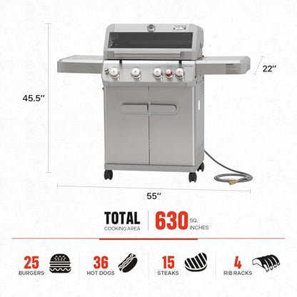 Monument Grills 4+1 Burner Natural Gas Grill with Natural Gas Hose, 50,000 BTU Stainless Steel Outdoor Patio Barbecue Grill, Broil Zone Fast Heating, Knob Lights, and Easy Cleanup, M415BZNG